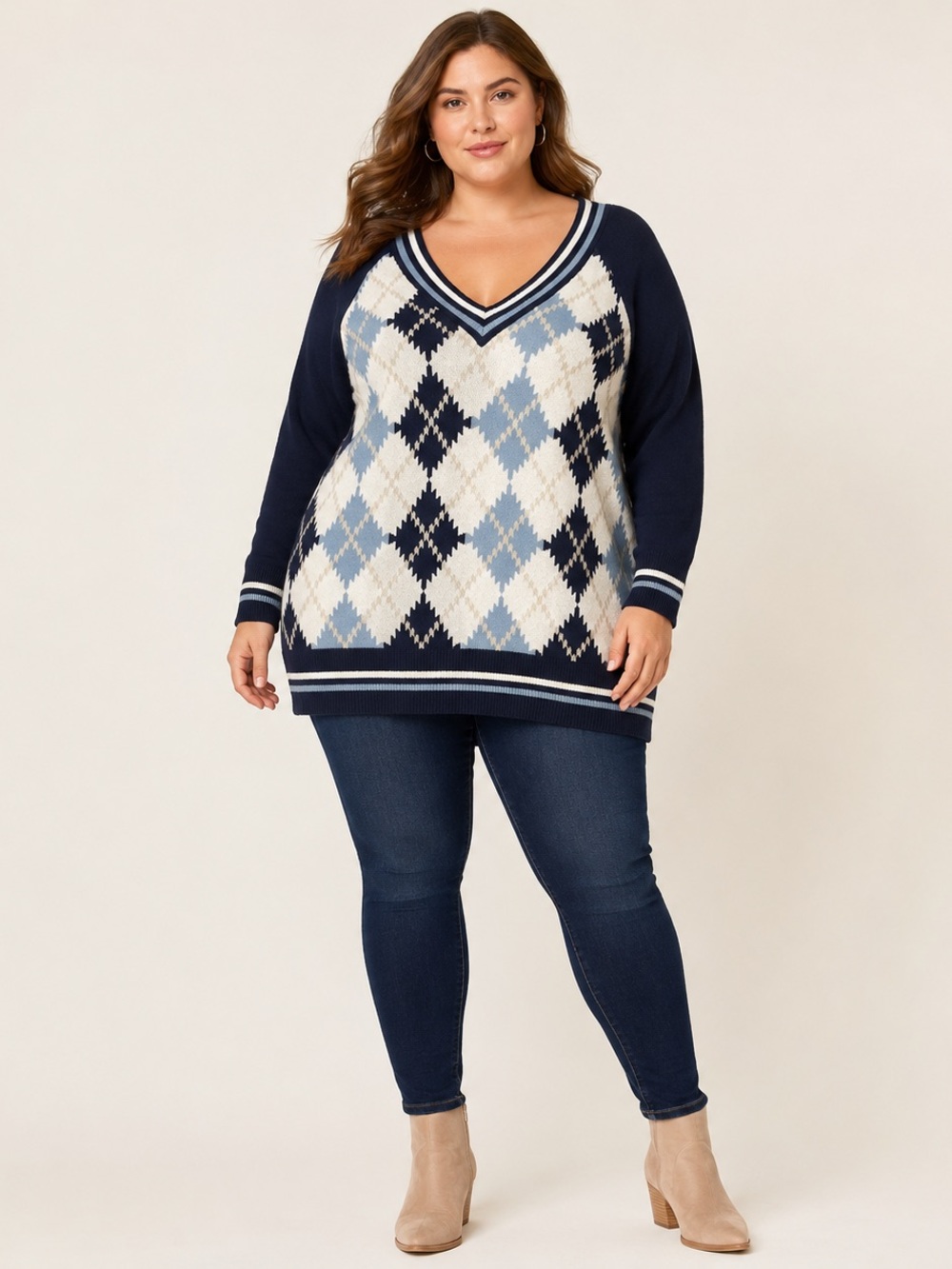 Torrid Everyday Soft Argyle V-Neck Tunic Sweater Navy Blue Size 2 2X